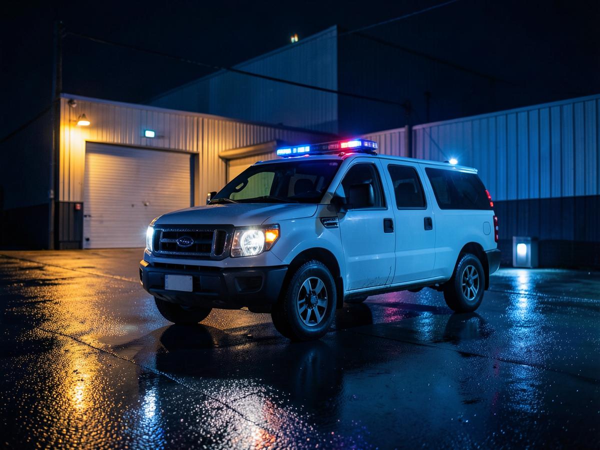 Mobile security patrol vehicle at a California warehouse at night