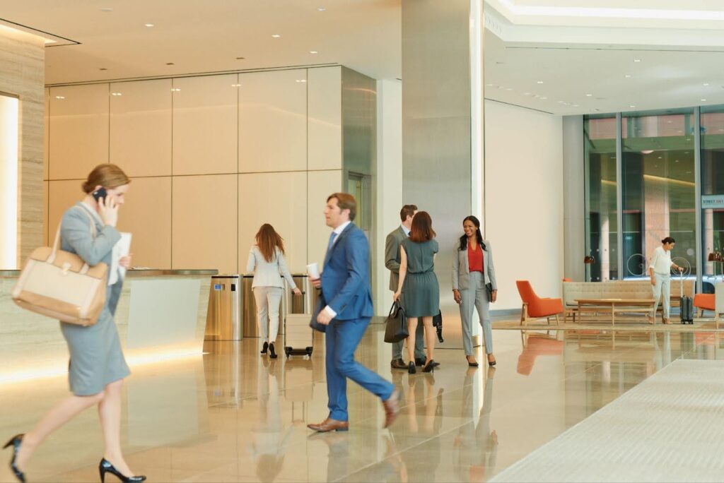 Business people walking through an airport terminal